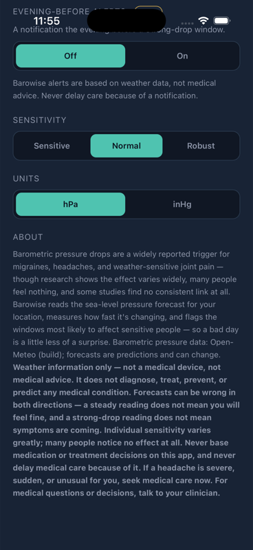 Barowise settings: alerts, sensitivity, units, full disclaimer
