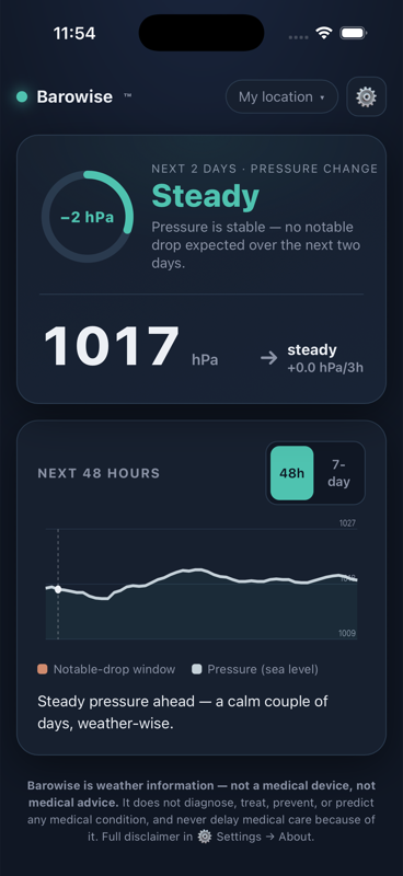 Barowise main screen: Steady pressure verdict, current reading in hPa, 48-hour chart